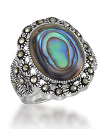 Load image into Gallery viewer, Sterling Silver_Tori Hill® Genuine Marcasite and Abalone Oval Halo Ring_I_Heart_1
