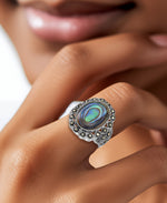 Load image into Gallery viewer, Sterling Silver_Tori Hill® Genuine Marcasite and Abalone Oval Halo Ring_I_Heart_1
