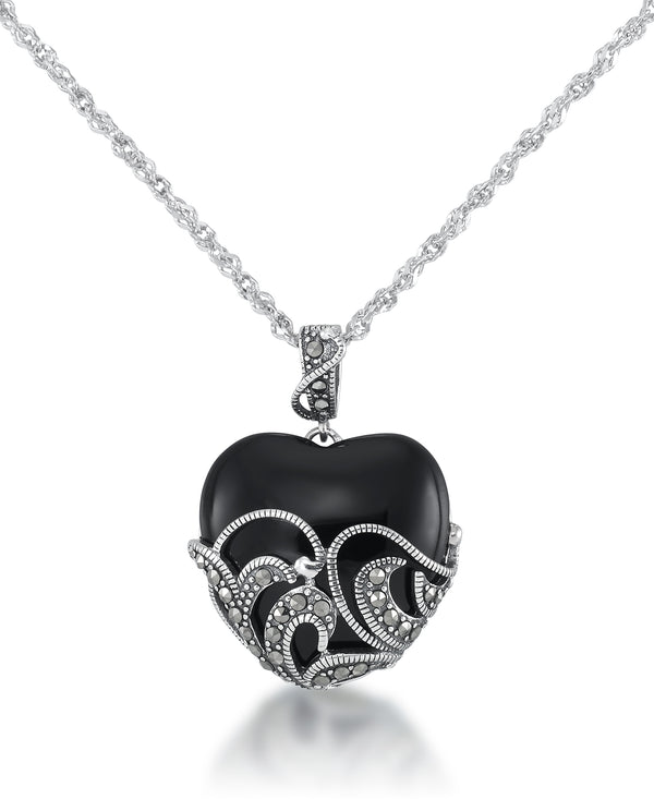 Sterling Silver_Tori Hill® Sterling Silver Genuine Marcasite and Black Onyx Filigree Heart Pendant, 18" Chain_I_Heart_1