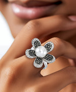 Load image into Gallery viewer, Sterling Silver_Tori Hill® Genuine Marcasite and Crystal Large Flower Ring with Perfectly Round Simulated Pearl_I_Heart_1
