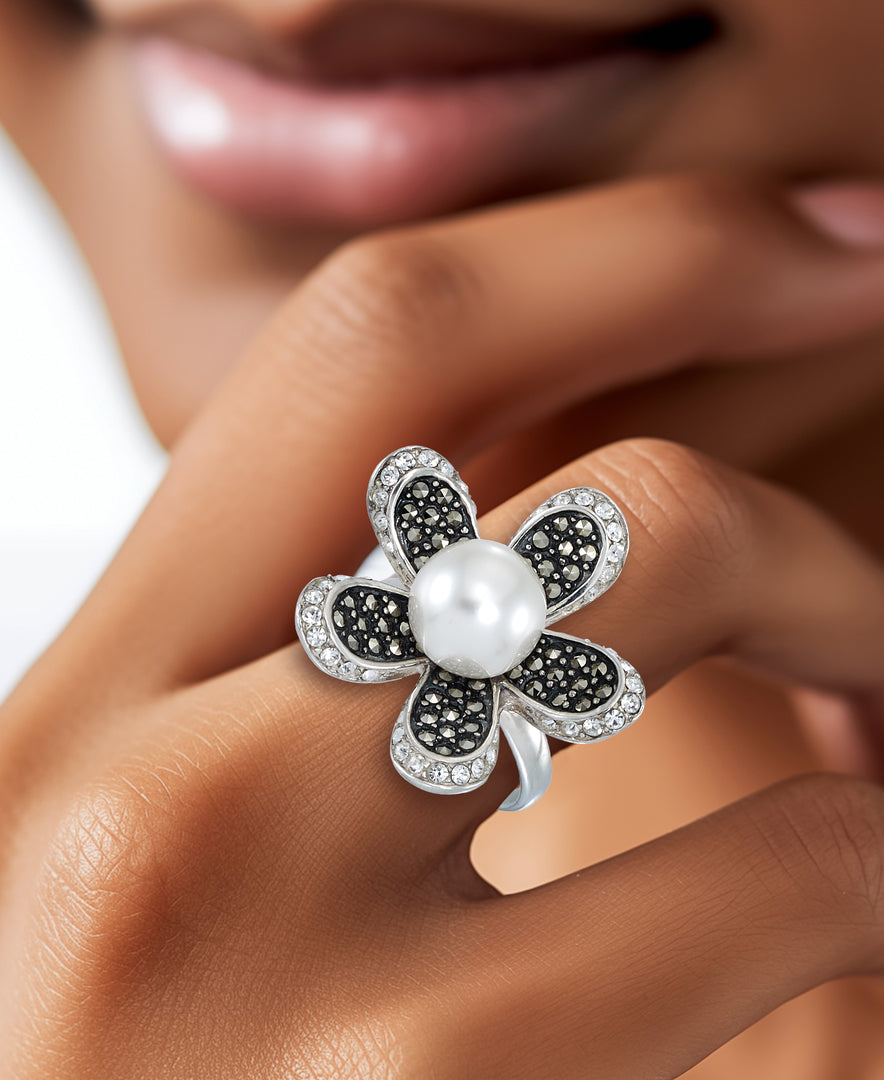 Sterling Silver_Tori Hill® Genuine Marcasite and Crystal Large Flower Ring with Perfectly Round Simulated Pearl_I_Heart_1