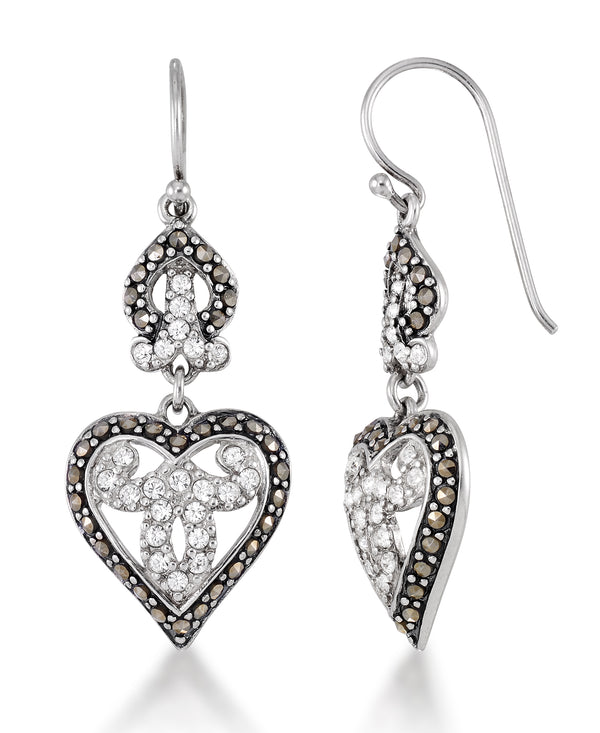 Sterling Silver_Tori Hill® Genuine Marcasite and Crystals Elongated Heart Dangle Earrings_I_Heart_1