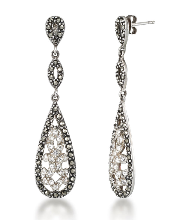 Sterling Silver_Tori Hill® Genuine Marcasite and Crystals Elongated Teardrop Dangle Earrings_I_Heart_1