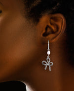 Load image into Gallery viewer, Sterling Silver_Tori Hill® Genuine Marcasite and Cultured Freshwater Pearl Bow Dangle Earrings_I_Heart_1

