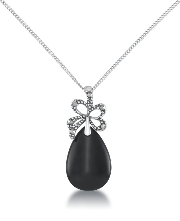 Sterling Silver_Tori Hill® Genuine Marcasite and Facated Onyx Bow and Teardrop Pendant, 18"_I_Heart_1