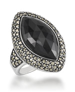 Load image into Gallery viewer, Sterling Silver_Tori Hill® Genuine Marcasite and Faceted Onyx Marquise Shape Halo Ring_I_Heart_1
