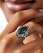 Load image into Gallery viewer, Sterling Silver_Tori Hill® Genuine Marcasite and Faceted Onyx Marquise Shape Halo Ring_I_Heart_1
