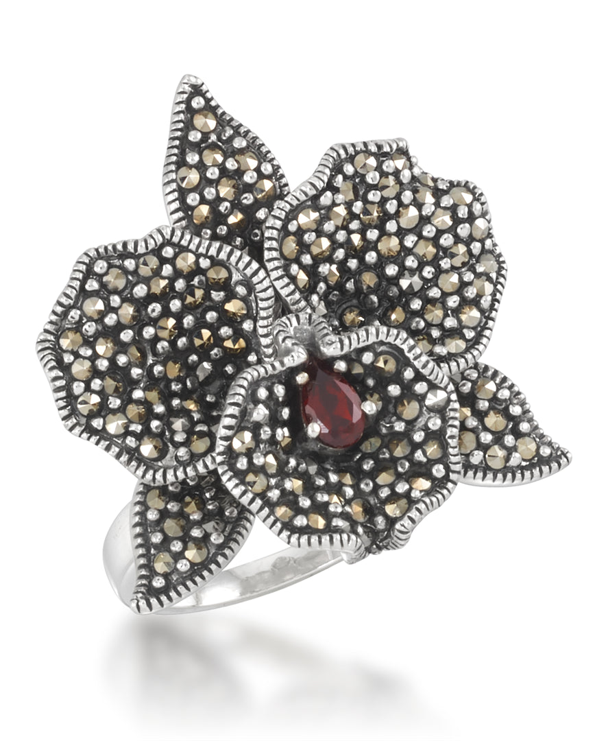 Sterling Silver_Tori Hill® Genuine Marcasite and Garnet Flowing Flower Ring_I_Heart_1