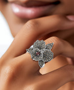 Load image into Gallery viewer, Sterling Silver_Tori Hill® Genuine Marcasite and Garnet Flowing Flower Ring_I_Heart_1
