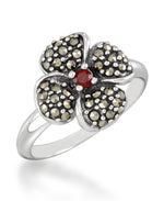 Load image into Gallery viewer, Sterling Silver_Tori Hill® Genuine Marcasite and Garnet Sculpted Flower Ring_I_Heart_1
