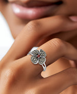 Load image into Gallery viewer, Sterling Silver_Tori Hill® Genuine Marcasite and Garnet Sculpted Flower Ring_I_Heart_1
