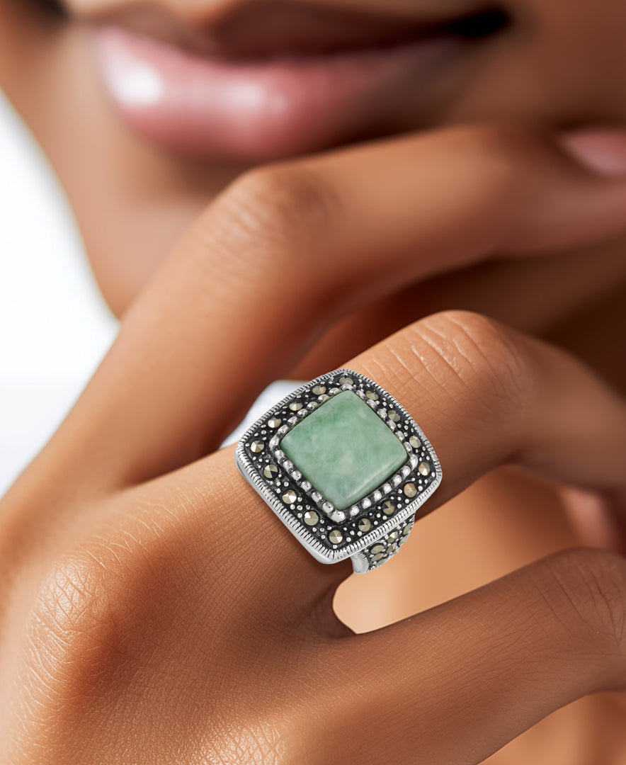 Sterling Silver_Tori Hill® Genuine Marcasite and Jade Cushion Halo Ring_I_Heart_1