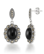 Cargar imagen en el visor de la galería, Sterling Silver_Tori Hill® Genuine Marcasite and Onyx round Halo Dangle Earrings_I_Heart_1
