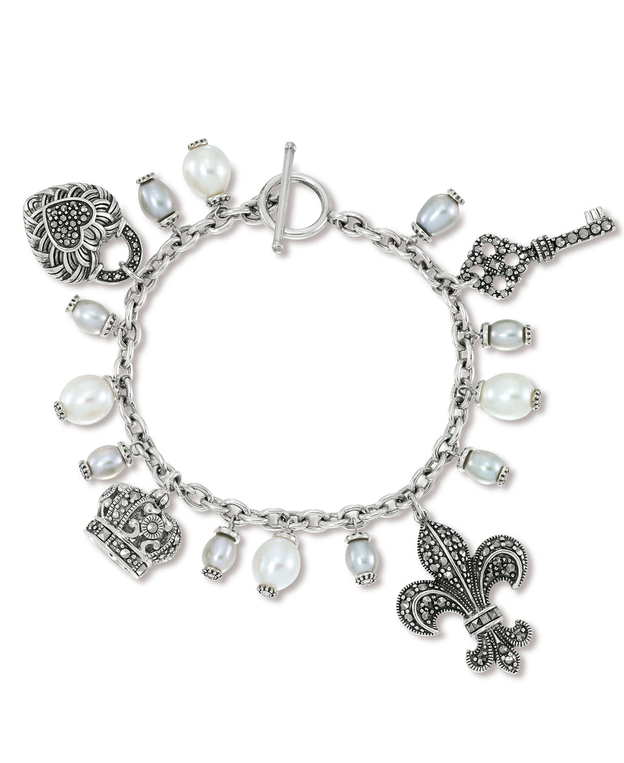 Sterling Silver_Tori Hill® Genuine Marcasite and Pearl Multi Charm Bracelet_I_Heart_1