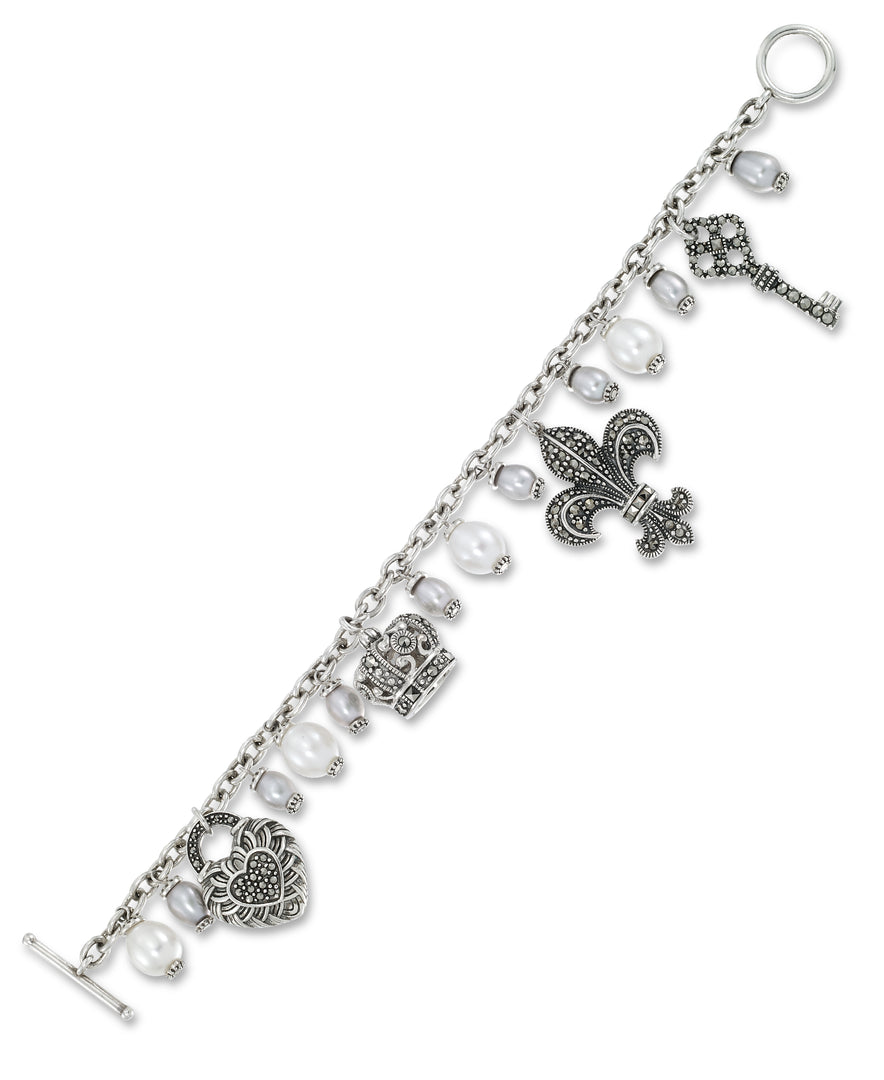 Sterling Silver_Tori Hill® Genuine Marcasite and Pearl Multi Charm Bracelet_I_Heart_1