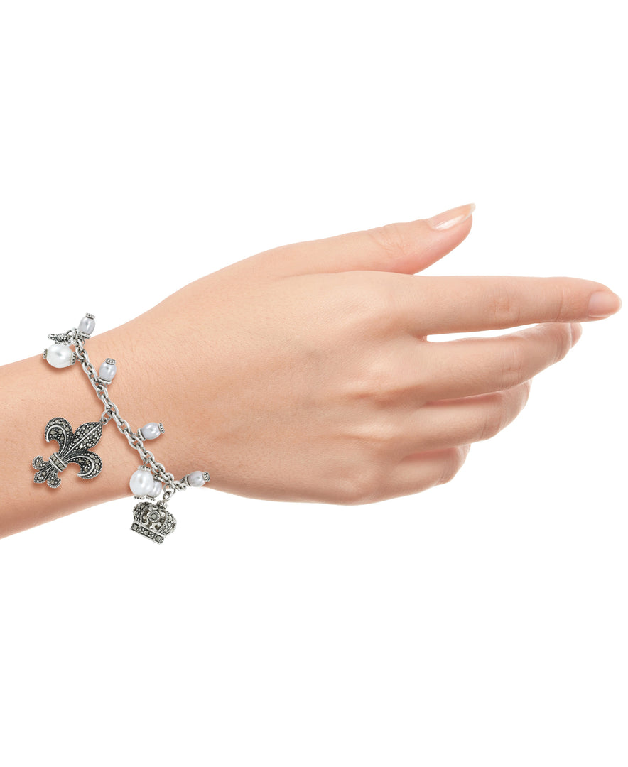Sterling Silver_Tori Hill® Genuine Marcasite and Pearl Multi Charm Bracelet_I_Heart_1