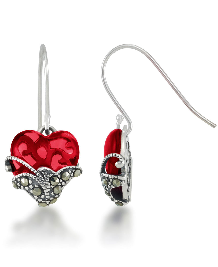 Sterling Silver_Tori Hill® Genuine Marcasite and Simulated Ruby Heart Dangle Earrings_I_Heart_1