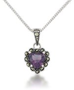Load image into Gallery viewer, Sterling Silver_Tori Hill® Genuine Marcasite and Simulated Amethyst Heart Pendant 18&quot;_I_Heart_1
