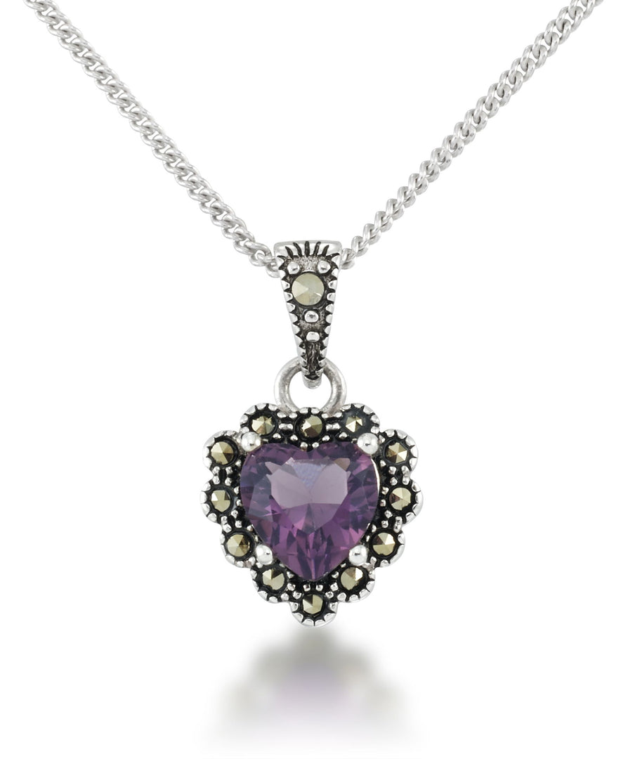 Sterling Silver_Tori Hill® Genuine Marcasite and Simulated Amethyst Heart Pendant 18"_I_Heart_1