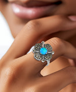 Load image into Gallery viewer, Sterling Silver_Tori Hill® Genuine Marcasite and Simulated Opal Etruscan Ring_I_Heart_1
