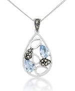 Load image into Gallery viewer, Sterling Silver_Tori Hill® Genuine Marcasite and Simulated Sapphire Teardrop Pendant 18&quot;_I_Heart_1
