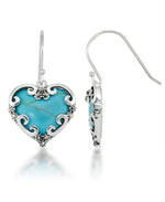 Load image into Gallery viewer, Sterling Silver_Tori Hill® Genuine Marcasite and Simulated Turquoise Heart Dangle Earrings_I_Heart_1
