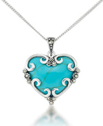 Load image into Gallery viewer, Sterling Silver_Tori Hill® Genuine Marcasite and Simulated Turquoise Heart Pendant 18&quot;_I_Heart_1
