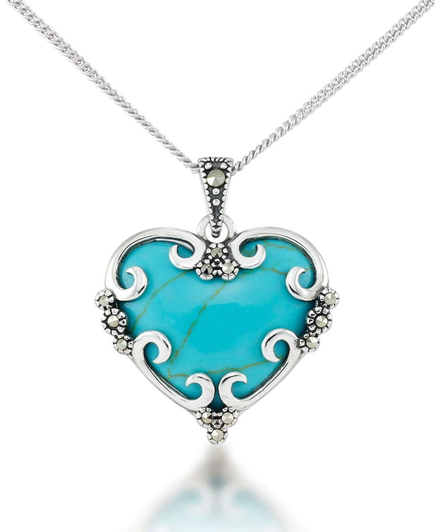 Sterling Silver_Tori Hill® Genuine Marcasite and Simulated Turquoise Heart Pendant 18"_I_Heart_1