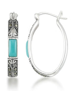 Load image into Gallery viewer, Sterling Silver_Tori Hill® Genuine Marcasite and Simulated Turquoise Oval Hoop Earrings_I_Heart_1
