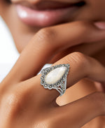 Load image into Gallery viewer, Sterling Silver_Tori Hill® Genuine Marcasite and faceted Mother of Pearl Teardrop Halo Ring_I_Heart_1
