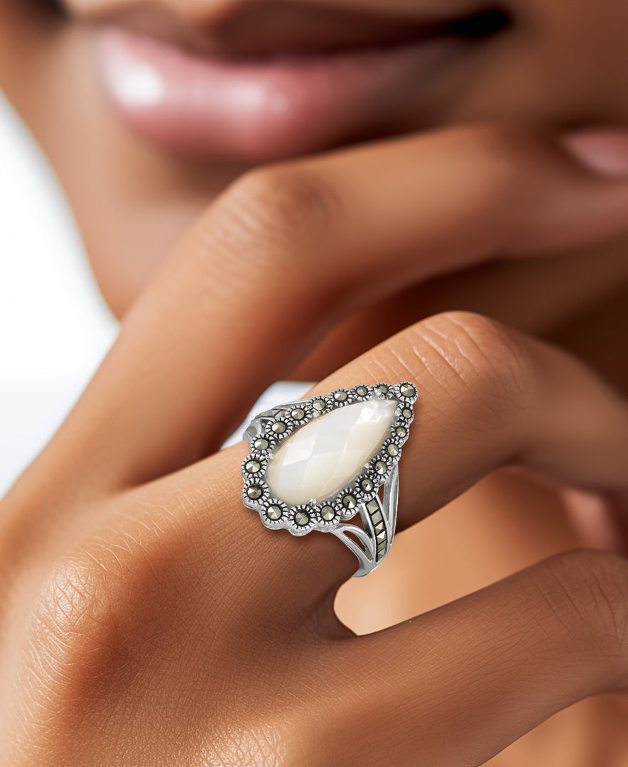 Sterling Silver_Tori Hill® Genuine Marcasite and faceted Mother of Pearl Teardrop Halo Ring_I_Heart_1