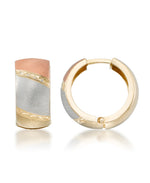 Load image into Gallery viewer, tri-color-1_14K Gold Tri Color Satin and Diamond Cut Bold Huggie Hoop Earrings_I_Heart_1
