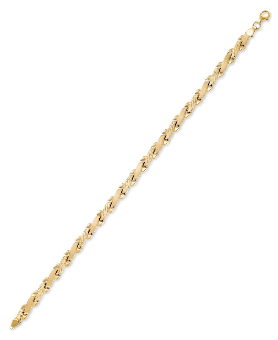 Yellow Gold_14K Gold 7.75" Satin and Diamond Cut "X" Motif Stampato Bracelet. Made in Turkey_I_Heart_1