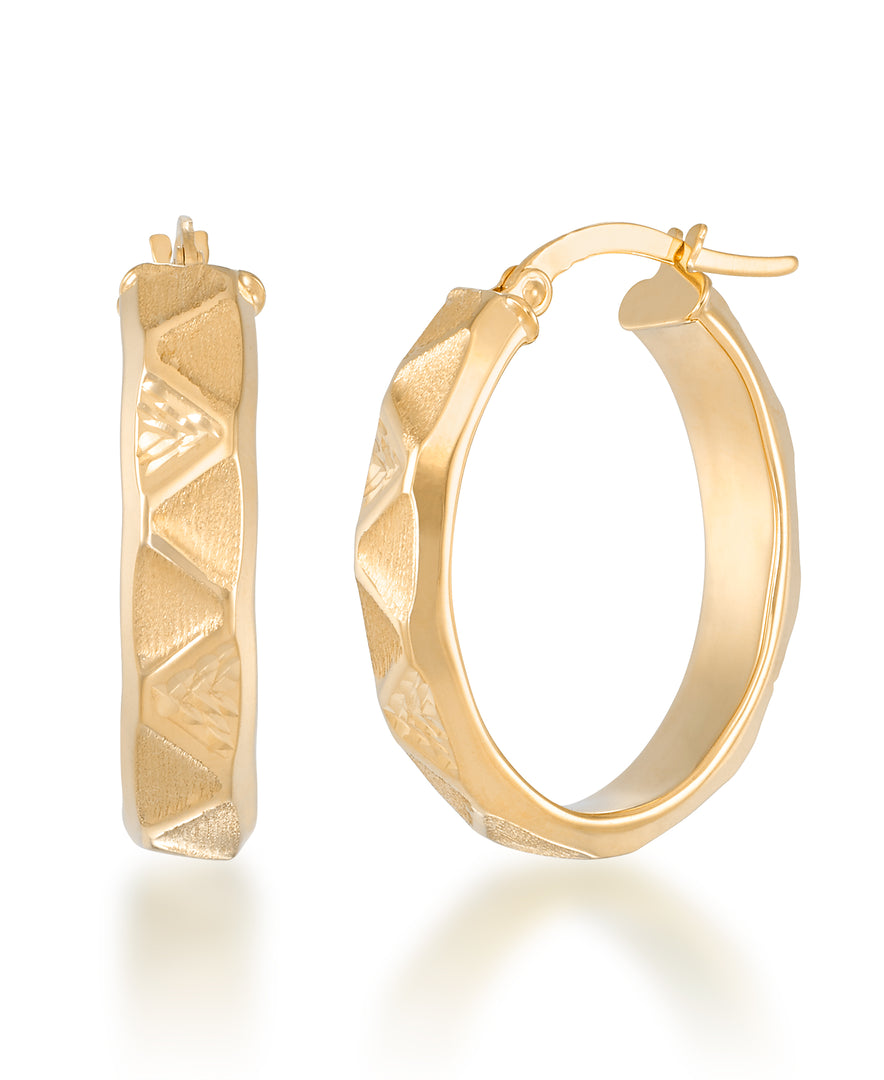 Yellow Gold_14K Gold Sating and Diamond Cut Sculpted Medium Oval Hoop Earrings, Made in Italy_I_Heart_1