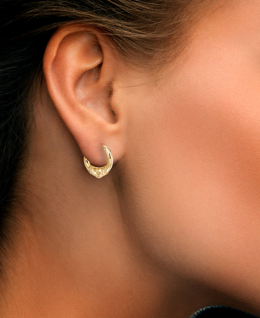 Yellow Gold_Gold Luxe® 14K Yellow Gold  Petite Claddagh Hoop Earrings. Dent Resistant, Infused with Nano Diamond Resin Core® - iHeart Jewels_I_Heart_1